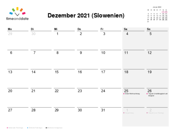 Kalender für 2021 in Slowenien