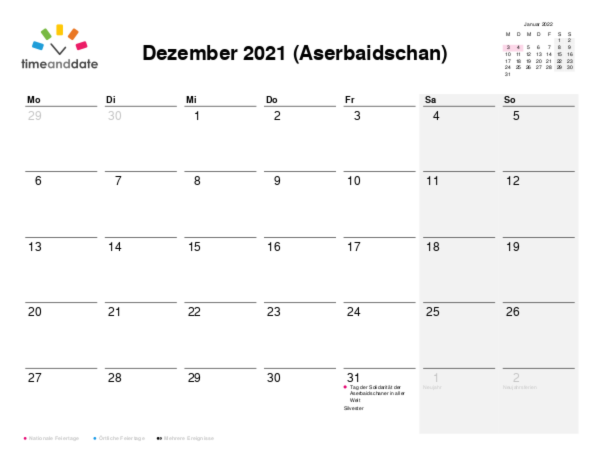 Kalender für 2021 in Aserbaidschan