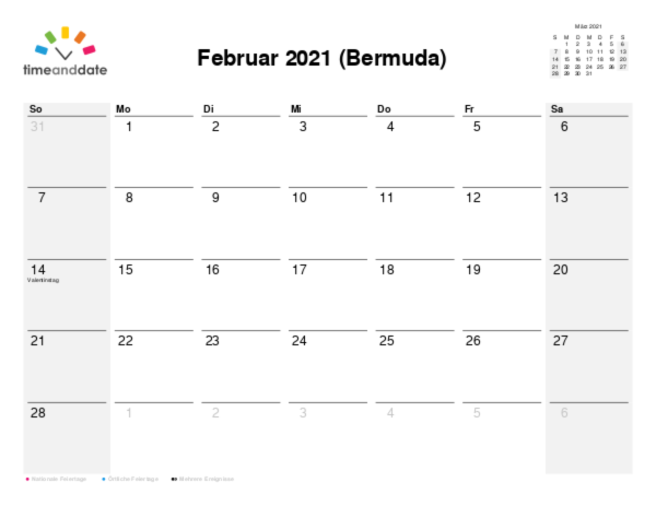 Kalender für 2021 in Bermuda
