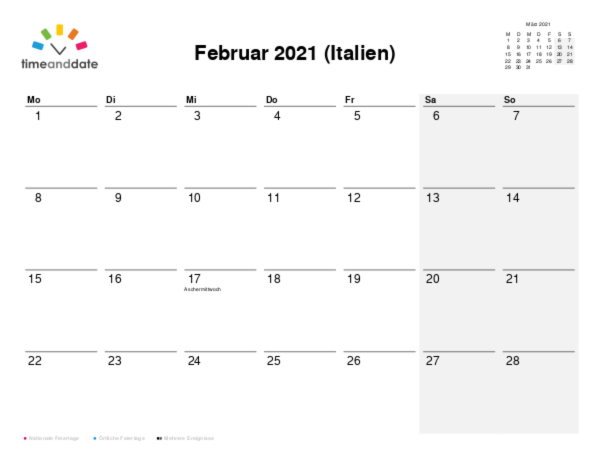 Kalender für 2021 in Italien