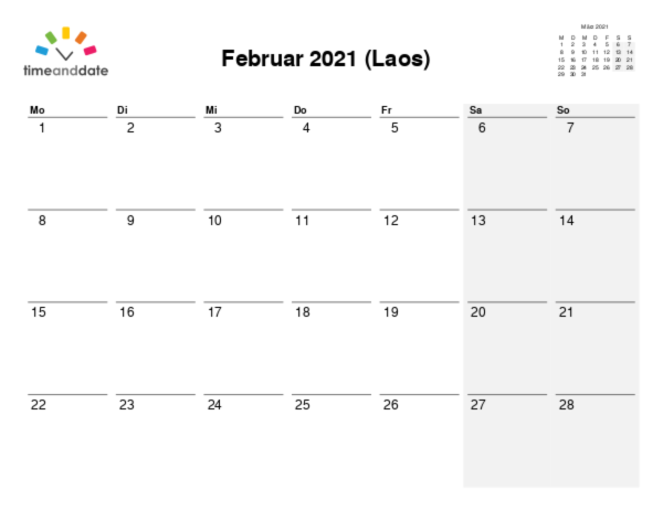 Kalender für 2021 in Laos