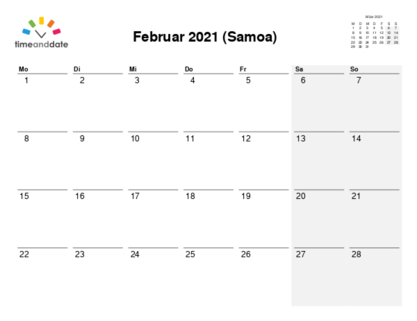 Kalender für 2021 in Samoa