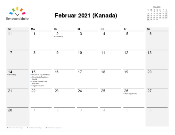 Kalender für 2021 in Kanada