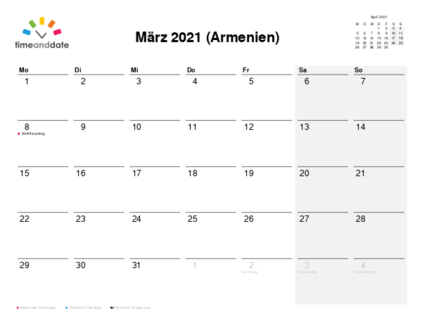 Kalender für 2021 in Armenien