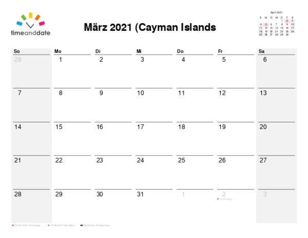 Kalender für 2021 in Cayman Islands (Kaimaninseln)