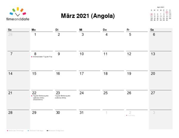 Kalender für 2021 in Angola