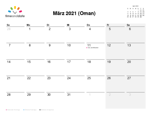 Kalender für 2021 in Oman