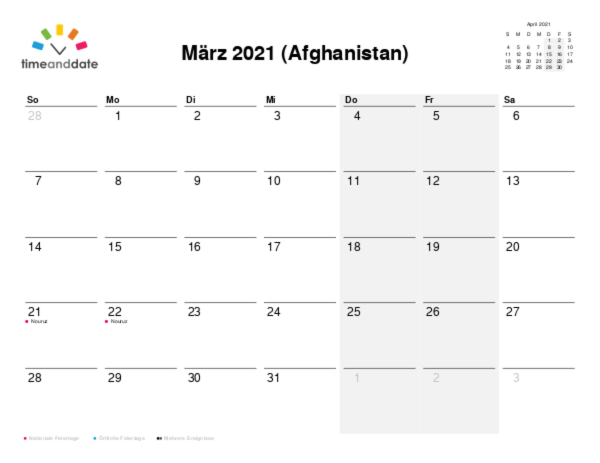 Kalender für 2021 in Afghanistan