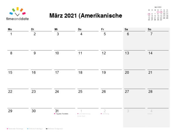 Kalender für 2021 in Amerikanische Jungferninseln