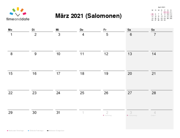 Kalender für 2021 in Salomonen