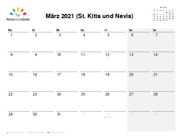 Kalender für 2021 in St. Kitts und Nevis