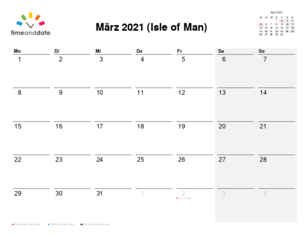 Kalender für 2021 in Isle of Man