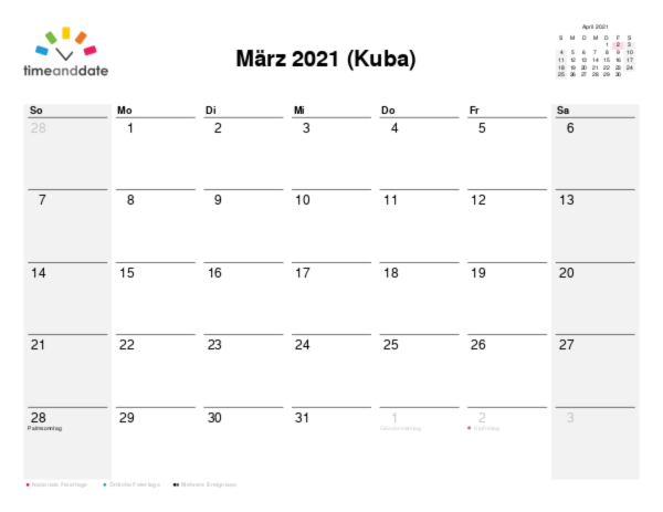 Kalender für 2021 in Kuba