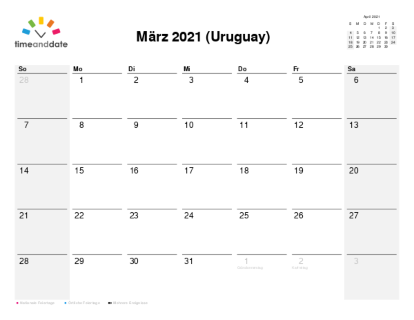 Kalender für 2021 in Uruguay