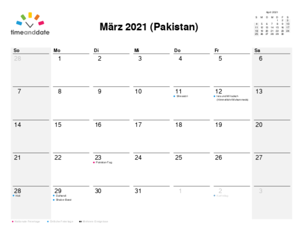 Kalender für 2021 in Pakistan