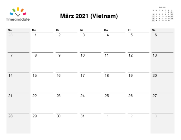 Kalender für 2021 in Vietnam