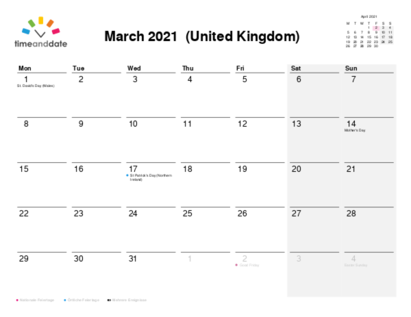 Kalender für 2021 in Großbritannien