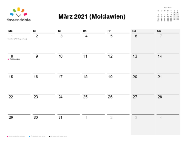 Kalender für 2021 in Moldawien