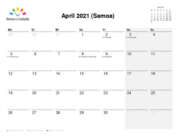 Kalender für 2021 in Samoa