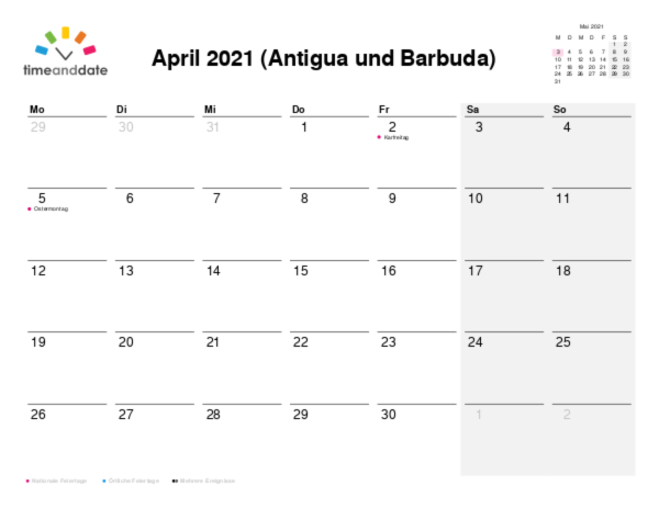 Kalender für 2021 in Antigua und Barbuda