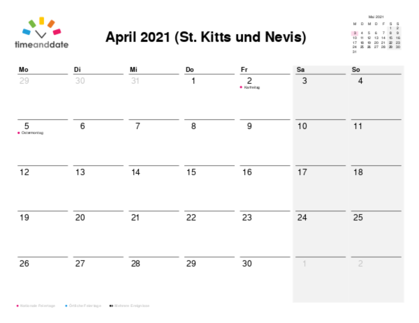 Kalender für 2021 in St. Kitts und Nevis