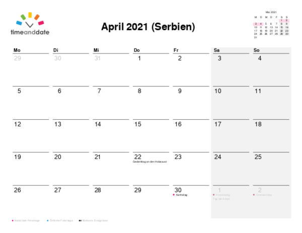 Kalender für 2021 in Serbien