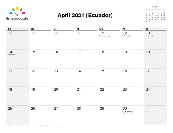 Kalender für 2021 in Ecuador