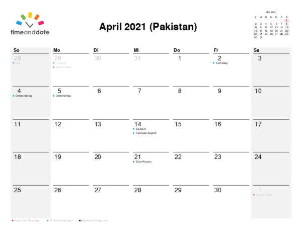 Kalender für 2021 in Pakistan