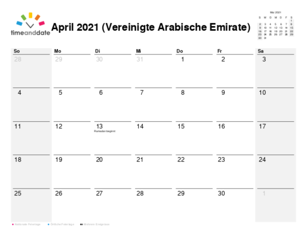 Kalender für 2021 in Vereinigte Arabische Emirate