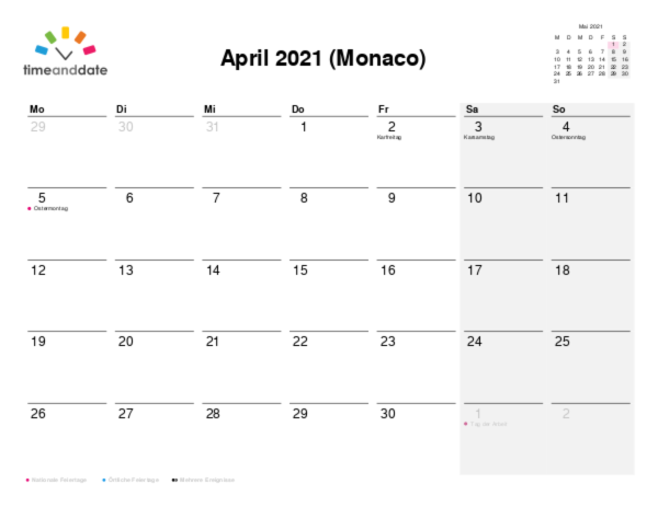 Kalender für 2021 in Monaco