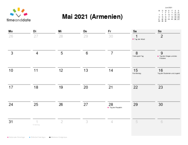 Kalender für 2021 in Armenien