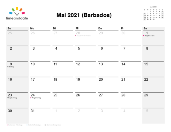 Kalender für 2021 in Barbados