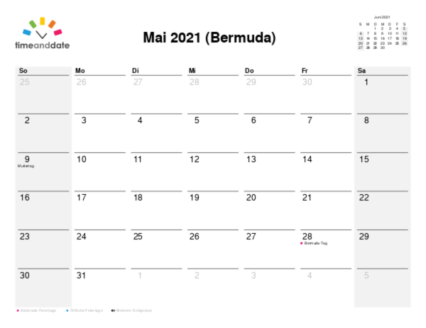 Kalender für 2021 in Bermuda