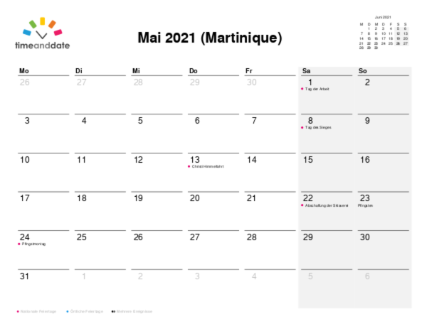 Kalender für 2021 in Martinique