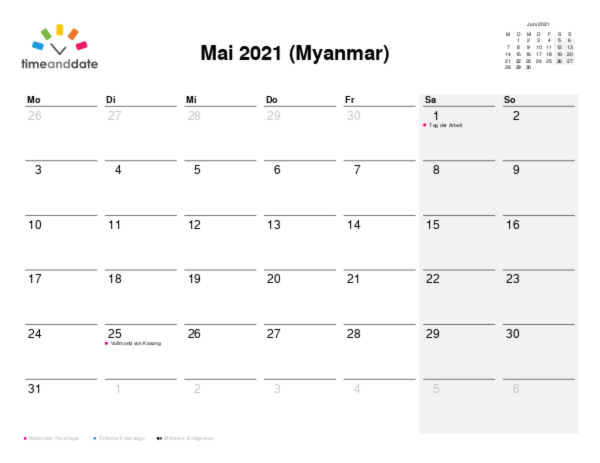 Kalender für 2021 in Myanmar