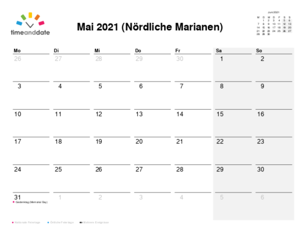 Kalender für 2021 in Nördliche Marianen