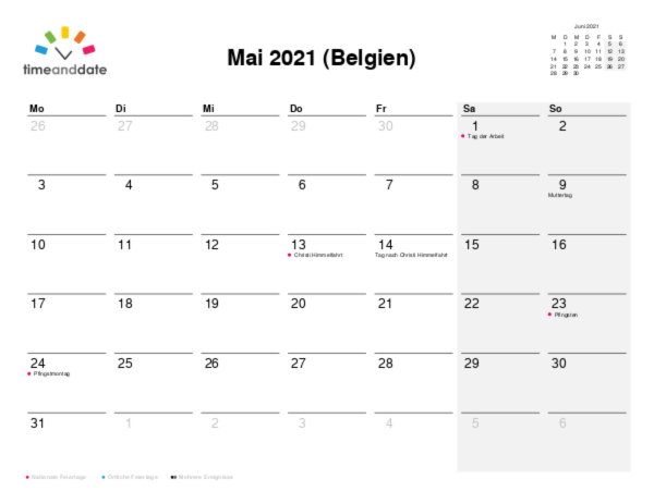 Kalender für 2021 in Belgien