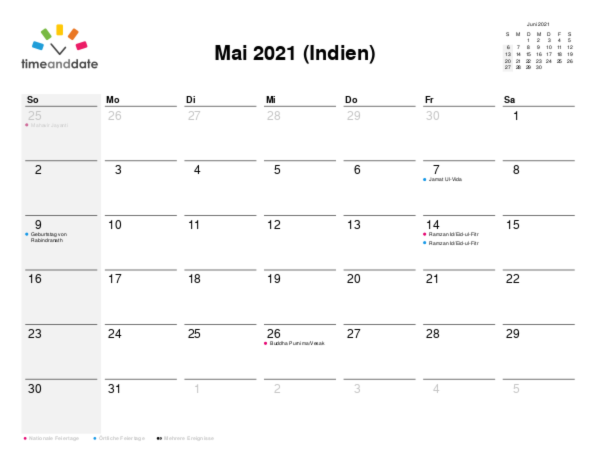Kalender für 2021 in Indien