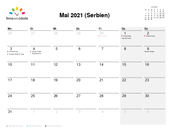 Kalender für 2021 in Serbien