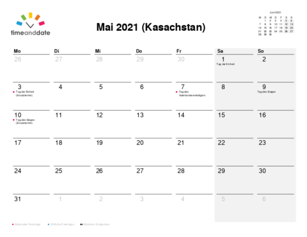 Kalender für 2021 in Kasachstan
