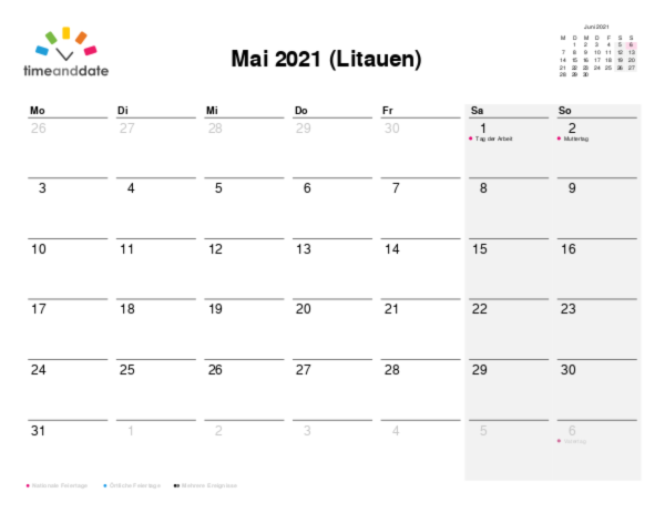Kalender für 2021 in Litauen