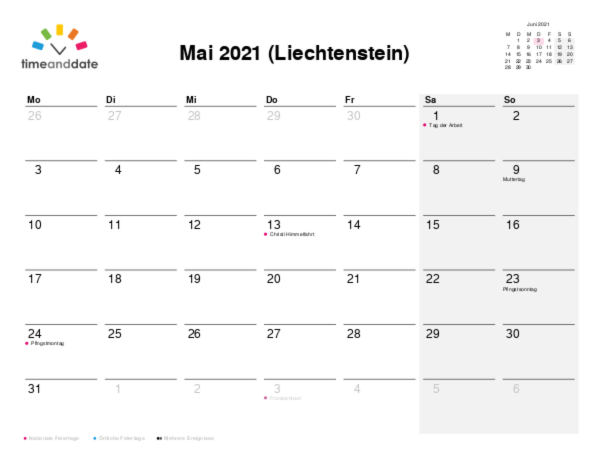 Kalender für 2021 in Liechtenstein