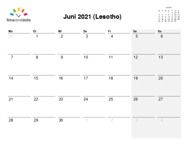 Kalender für 2021 in Lesotho