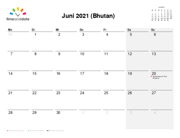 Kalender für 2021 in Bhutan