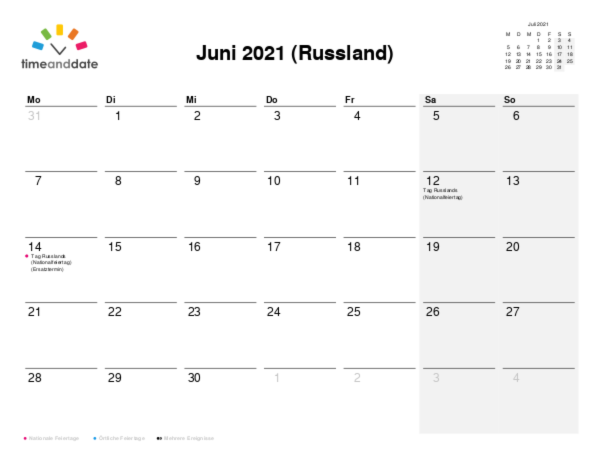 Kalender für 2021 in Russland
