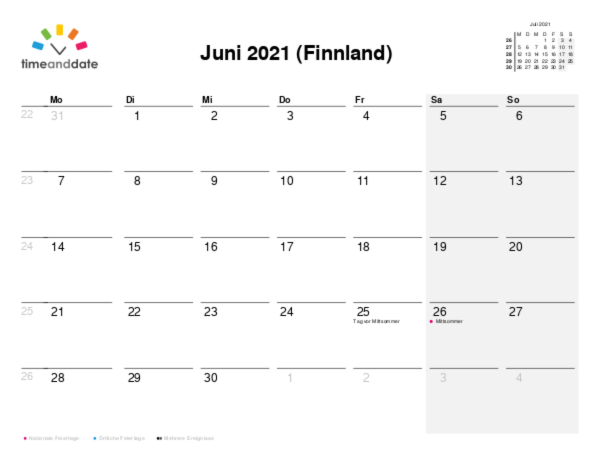 Kalender für 2021 in Finnland