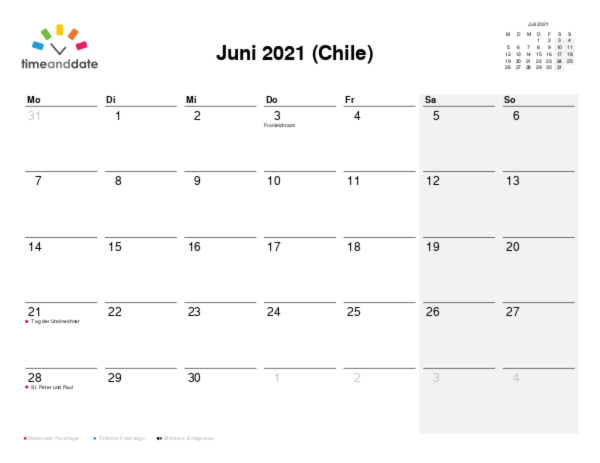 Kalender für 2021 in Chile
