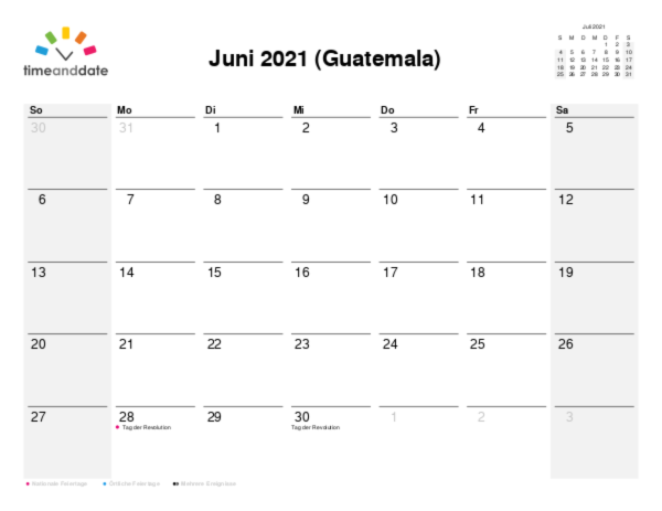 Kalender für 2021 in Guatemala