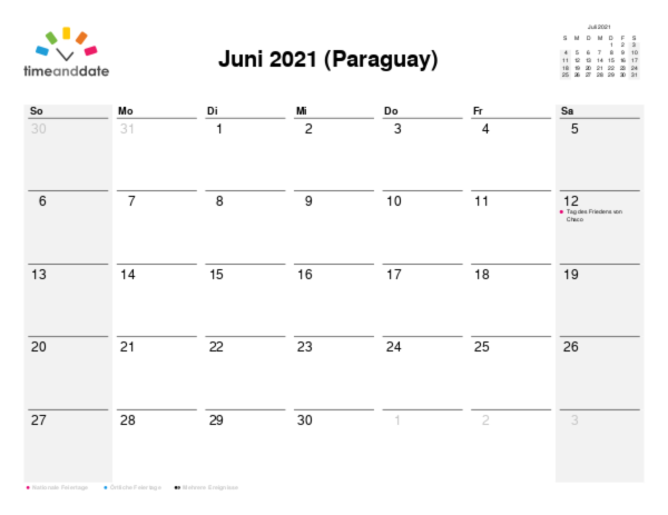 Kalender für 2021 in Paraguay
