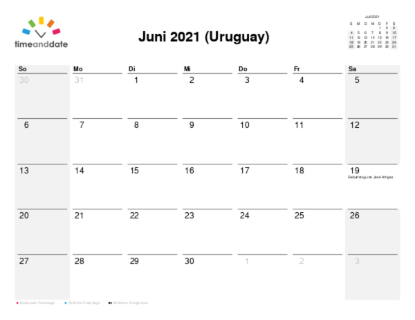 Kalender für 2021 in Uruguay